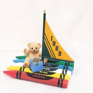 Crayola Crayons Teddy Bear Sailboat Raft Ornament 1989 Hallmark 3" Resin